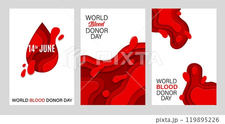 World blood donor day paper cut posters for blood donation campaign, vector backgrounds. World blood donor day banners with abstract red paper cut layers for healthcare charity and medical posters 119895226