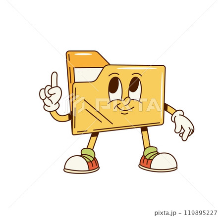 Groovy computer folder character for PC desktop with documents, vector retro cartoon. Groovy funky computer file folder icon with happy smile and comic face for funny digital cartoon character 119895227