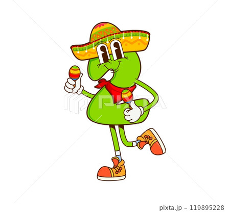 Cartoon math number two groovy mariachi musician character in sombrero playing and dancing with maracas. Isolated vector funny educational 2 digit personage for kids education, game or fun learning 119895228