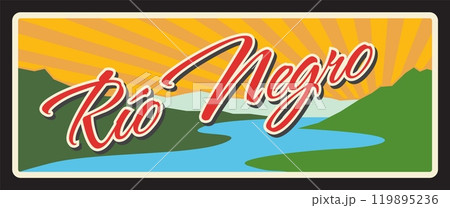 Rio Negro Argentine province vintage travel plate. Vector argentinian region metal plaque, Nahuel Huapi lake nature landscape touristic destination sign, retro sticker design with scenery landscape 119895236