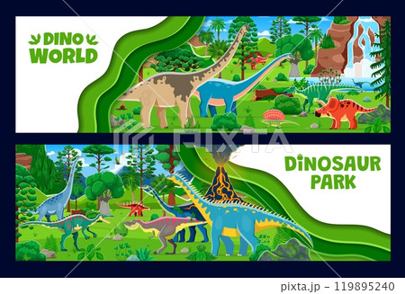 Prehistoric dinosaurs park on paper cut banners with funny dino lizards, vector background. Kids dino park or paleontology museum of Jurassic era on paper cut banners with giant dinosaurs and reptiles 119895240