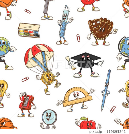 Cartoon school stationery groovy characters seamless pattern. Vector playful kids tile background with educational supplies. Pen, ruler, and globe, color palette, test tube, graduation cap or diploma 119895241