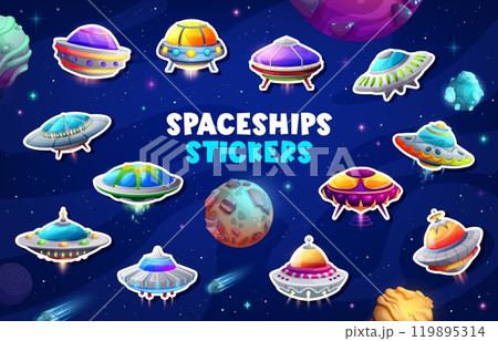 Stickers pack of ufo flying saucers set against a space background. Vector cosmic patches with cartoon alien spaceships floating in galaxy with planets, stars and meteors. Adhesive fiction decals Stickers pack of ufo flying saucers set against a space background. Vector cosmic patches with cartoon alien spaceships floating in galaxy with planets, stars and meteors. Adhesive fiction decals 119895314