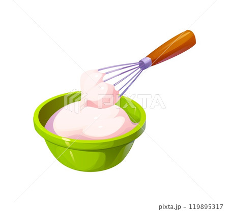 Cream whipping with whisk for food cooking process and preparation, vector icon. Manual whisking cream with whisk in bowl, bakery kitchenware or patisserie utensil appliance for pastry preparation Cream whipping with whisk for food cooking process and preparation, vector icon. Manual whisking cream with whisk in bowl, bakery kitchenware or patisserie utensil appliance for pastry preparation 119895317