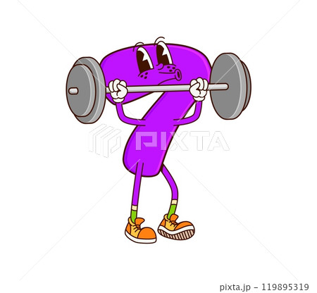 Math number seven groovy character on fitness. Mathematics digit 7 childish isolated cartoon vector personage, school math number or kids education numeric symbol groovy character lifting barbell Math number seven groovy character on fitness. Mathematics digit 7 childish isolated cartoon vector personage, school math number or kids education numeric symbol groovy character lifting barbell 119895319