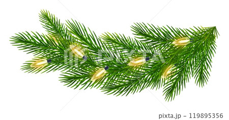 Christmas border of realistic fir tree branches with electric garland. Spruce branches with garland of yellow light bulbs for Christmas, New Year greeting cards, banners Christmas border of realistic fir tree branches with electric garland. Spruce branches with garland of yellow light bulbs for Christmas, New Year greeting cards, banners 119895356
