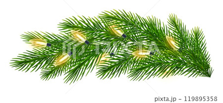 Fir branch with glowing Christmas lights. Green spruce branches with garland of yellow light bulbs for winter Christmas holiday celebration. Vector illustration 119895358