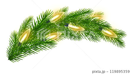 Fir branch with Christmas holiday garland. Christmas tree decoration for holiday banners, party posters, cards. Vector illustration 119895359