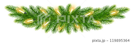 Realistic fir tree branches with glowing sparkling Christmas lights decoration. Vector Christmas decor for carnival party, New Year holiday event 119895364