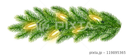 Realistic fir tree branches with glowing sparkling Christmas lights decoration. Vector Christmas decor for carnival party, New Year holiday event 119895365