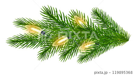 Fir branch with glowing Christmas lights. Green spruce branches with garland of yellow light bulbs for winter Christmas holiday celebration. Vector illustration 119895368