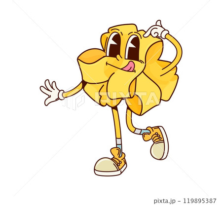 Pappardelle Italian pasta groovy cute character. Italian restaurant raw pasta character, Italy cuisine menu wheat meal or Pappardelle classic gourmet funny 60s 70s groovy isolated vector mascot 119895387