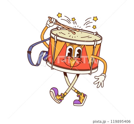 Cartoon drum groovy musical instrument character with sticks promotes educational classes for kids with retro vibe. Isolated vector funny percussion personage with drumsticks playing rhythmic music Cartoon drum groovy musical instrument character with sticks promotes educational classes for kids with retro vibe. Isolated vector funny percussion personage with drumsticks playing rhythmic music 119895406