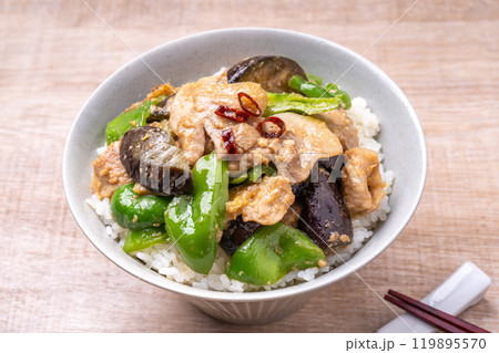 ナスとピーマンと豚肉の味噌炒め丼 ナスとピーマンと豚肉の味噌炒め丼 119895570