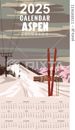 2025 Calendar Monthly Travel poster retro Resort Aspen Ski Colorado USA winter landscape travel card 119895631