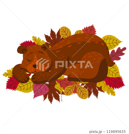 Cute bear sleeping on a pile of autumn leaves character 119895635