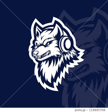 Angry wolf with headphone mascot character esport logo Angry wolf with headphone mascot character esport logo 119895708