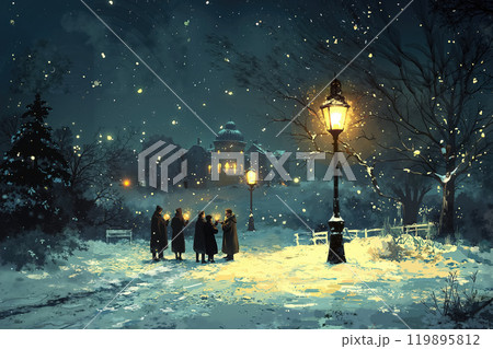 Charming Winter Evening Scene with People Gathering in the Soft Falling Snow 119895812