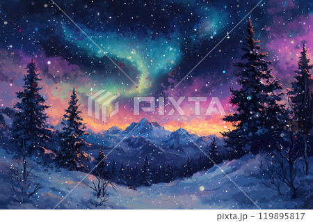 Breathtaking Night Sky with Northern Lights Over Snowy Mountain Landscape 119895817