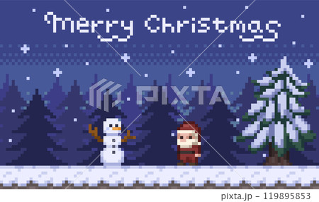 クリスマスの夜、雪が降る森とサンタクロースと雪だるまのドット絵イラスト 119895853