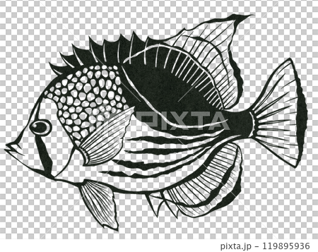 一個簡單的黑白剪紙插圖，展示了一種可愛的熱帶魚——蝴蝶魚。 119895936