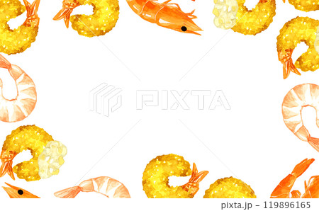 エビフライと調理前の海老のフレーム　料理・食べ物の手描き水彩イラスト背景素材 119896165