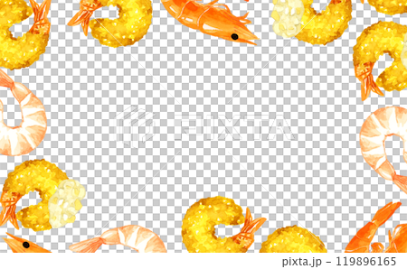 Frame of fried shrimp and uncooked shrimp. Hand-drawn watercolor illustration background material for cooking and food. 119896165