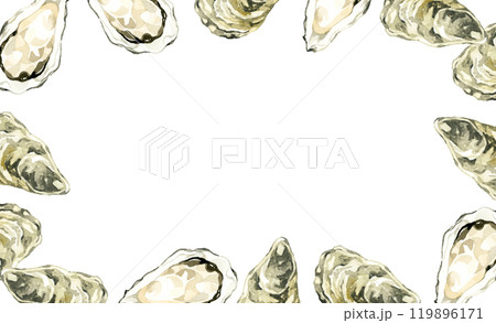 牡蠣のフレーム　料理・食べ物の手描き水彩イラスト背景素材 119896171