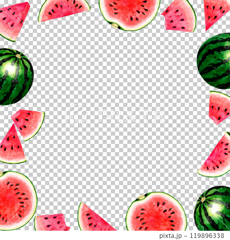 Frame of watermelon with red flesh. Hand-drawn watercolor illustration background material of vegetables and fruits Frame of watermelon with red flesh. Hand-drawn watercolor illustration background material of vegetables and fruits 119896338