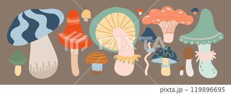 Whimsical cartoon mushrooms in various colors and shapes 60s 70s autumn fall design element. 119896695