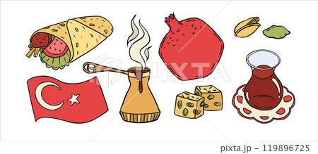 Illustration of Turkish delights kebab wrap, pomegranate, pistachios, Turkish tea, lokum, and flag, representing Turkey rich culinary tradition 119896725