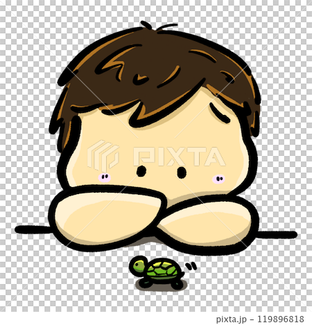 Little boy watching turtle, doodle cartoon illustration, boy character and animal design 119896818