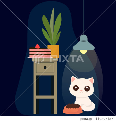 A cat sits at night in front of a table with a cake on it. A cat sits at night in front of a table with a cake on it. 119897187