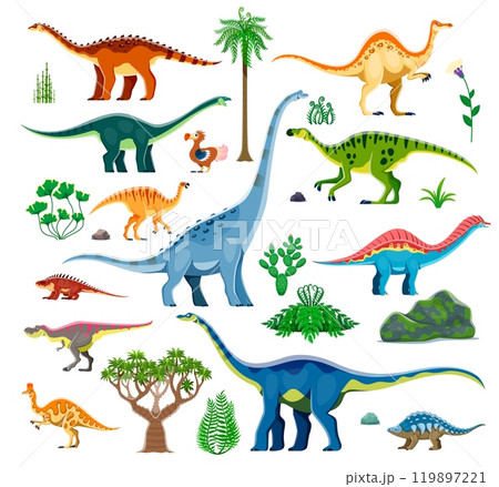 Prehistoric dinosaurs and Jurassic cartoon lizards for kids dino collection, vector toys. Funny cute dinosaurs collection of amygalodon with titanosauria and trabosaurus for archeology or education 119897221