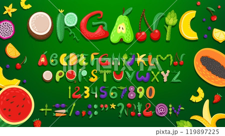 Fruit and vegetable font, healthy type, farm crop alphabet, summer food typeface. English abc letters and numbers vector typography with cartoon fresh fruits and vegetables uppercase characters font Fruit and vegetable font, healthy type, farm crop alphabet, summer food typeface. English abc letters and numbers vector typography with cartoon fresh fruits and vegetables uppercase characters font 119897225