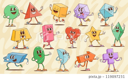 Cartoon groovy math geometric figure characters. Funny cube, pyramid, sphere and cuboid shapes vector personages, psychedelic hippie heart, star, arrow, cross and ellipse geometric shapes, funky math Cartoon groovy math geometric figure characters. Funny cube, pyramid, sphere and cuboid shapes vector personages, psychedelic hippie heart, star, arrow, cross and ellipse geometric shapes, funky math 119897231