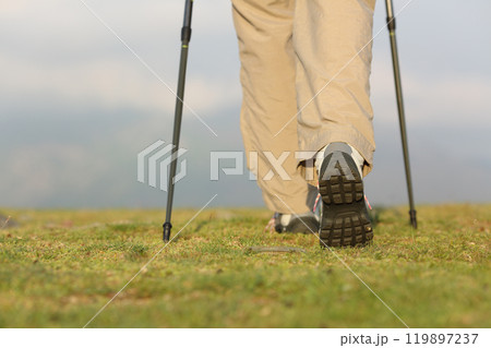 Back view of hiker legs with poles walking on the mountain 119897237