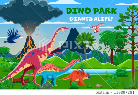 Prehistoric era landscape with volcano and dinosaurs in tropical forest, vector background. Dino park poster for Jurassic lizards and reptiles of museum exhibition for kids in jungle forest 119897281