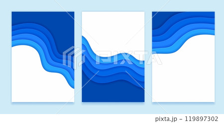 Blue paper cut water wave banners with sea and ocean ripple surface, vector backgrounds. 3D layer paper cut banners with cutout waves in blue gradient for ocean marine or sea underwater backgrounds Blue paper cut water wave banners with sea and ocean ripple surface, vector backgrounds. 3D layer paper cut banners with cutout waves in blue gradient for ocean marine or sea underwater backgrounds 119897302