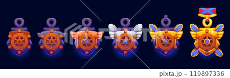 Marine game level star award with steering wheel and anchor, heraldic rank nautical medal represents progression of achievement or ranking in video gaming. Cartoon vector maritime award or rank trophy Marine game level star award with steering wheel and anchor, heraldic rank nautical medal represents progression of achievement or ranking in video gaming. Cartoon vector maritime award or rank trophy 119897336