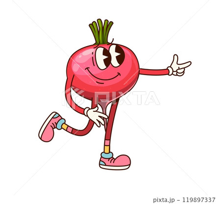 Groovy radish vegetable character. Cartoon vector comic veggie, healthy food personage with a joyful face and big eyes, wearing sneakers, showing pointing gesture and exudes fun and energetic vibes Groovy radish vegetable character. Cartoon vector comic veggie, healthy food personage with a joyful face and big eyes, wearing sneakers, showing pointing gesture and exudes fun and energetic vibes 119897337