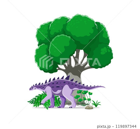 Struthiosaurus prehistoric dinosaur cartoon character walking beneath a large, lush tree. Isolated vector ancient herbivorous reptile, spiked purple animal in natural landscape of Late Cretaceous era 119897344