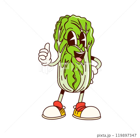 Groovy Chinese cabbage vegetable character in retro cartoon, vector comic emoji. Groovy funky Chinese cabbage napa with happy face and thumb up in good vibes for vegetable food cartoon character 119897347