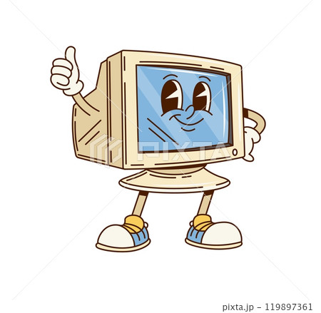 Groovy retro computer monitor display character with funny face, cartoon vector. Groovy funky old desktop monitor or PC computer display with happy smile and thumb up for retro cartoon character 119897361
