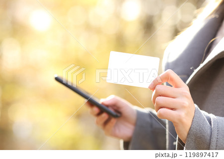 Woman buying online with phone showing credit card in fall 119897417