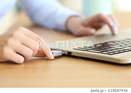 Woman hand connecting a pendrive in a laptop 119897430