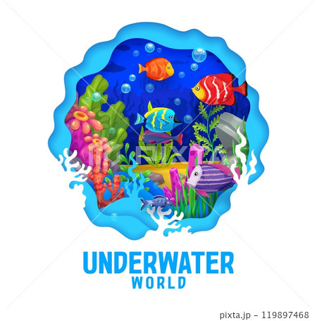 Paper cut underwater landscape with aquarium fishes. 3d vector wavy frame with cartoon tropical fish shoal and coral amidst colorful and playful undersea world evokes sense of serenity of marine life 119897468