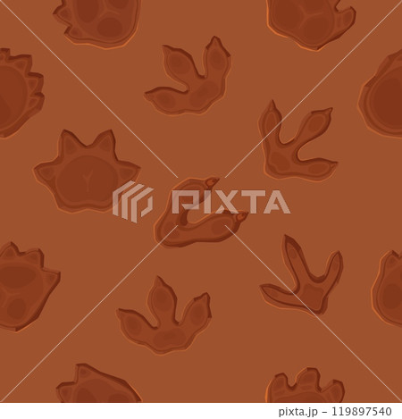 Dinosaur footprint seamless pattern. Cartoon vector background with ancient dino reptile animal paw prints impression on ground. Jurassic era archaeological and paleontology fossils of prehistoric era Dinosaur footprint seamless pattern. Cartoon vector background with ancient dino reptile animal paw prints impression on ground. Jurassic era archaeological and paleontology fossils of prehistoric era 119897540