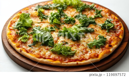 Top view of modern vegan pizza with kale leaves 119897572