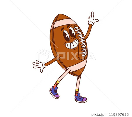 Groovy American football sport ball character in retro cartoon, vector comic emoji. Groovy ball of American football game with funky face and silly smile for psychedelic retro cartoon sport character Groovy American football sport ball character in retro cartoon, vector comic emoji. Groovy ball of American football game with funky face and silly smile for psychedelic retro cartoon sport character 119897636